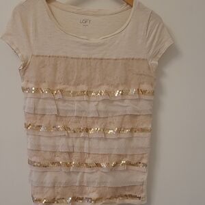 LOFT Women's Cream and Gold Sequin Short Sleeve Top Size M